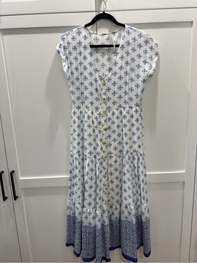White and Blue Floral Button-Front Maxi Dress